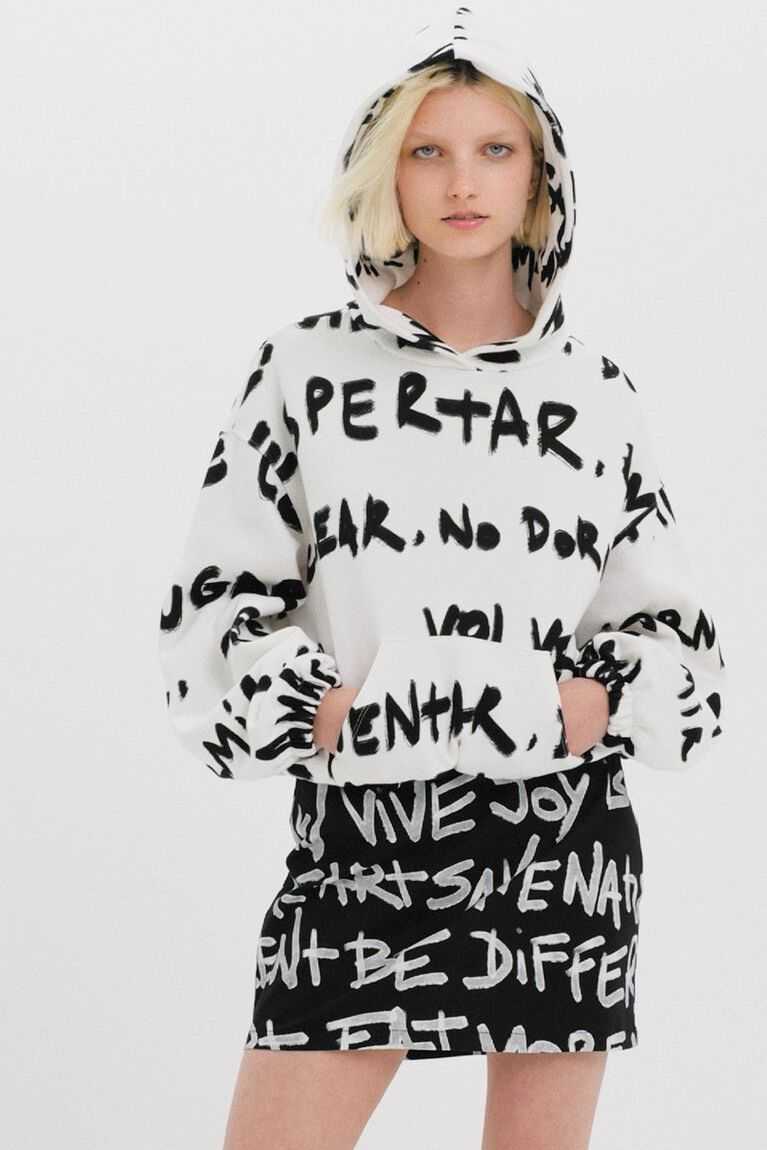 Dámské Mikiny Desigual All-over Manifesto text oversize hoodie | 517906DRU